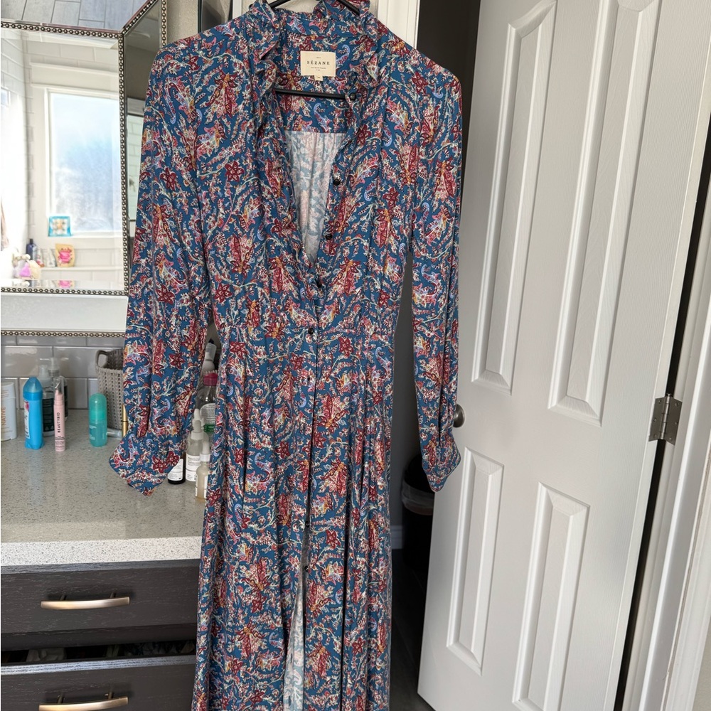 Sezane Blue and Red Floral Long Sleeve Dress